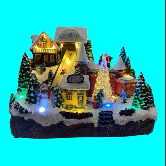 Gerson Alpine Village Christmas Castle Musical Revolving Tree Skiers Lighted - Picture 1 of 11